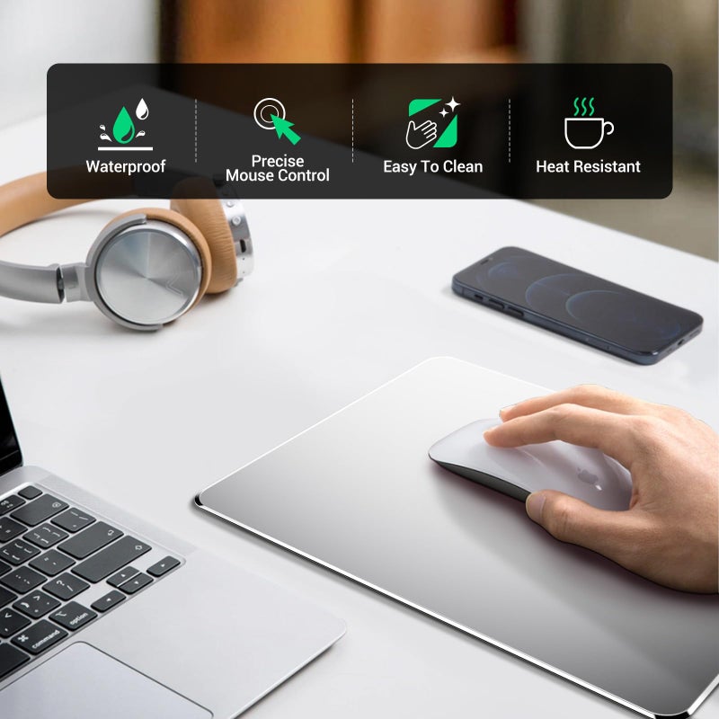 HONKID Metal Aluminum Mouse Pad, Office and Gaming Thin Hard Mouse Mat Double Sided Waterproof Fast and Accurate Control Mousepad for Laptop, Computer and PC,9.45 X 7.87 Inch,Silver - Image 5